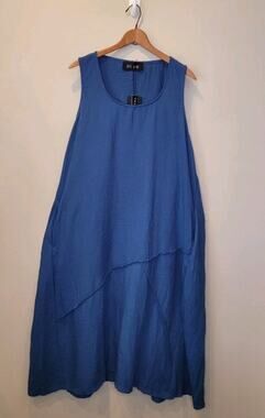 Ozai N Ku Blue Sleeveless Raw Hem Maxi Dress Size 2XL Pockets Lagenlook New